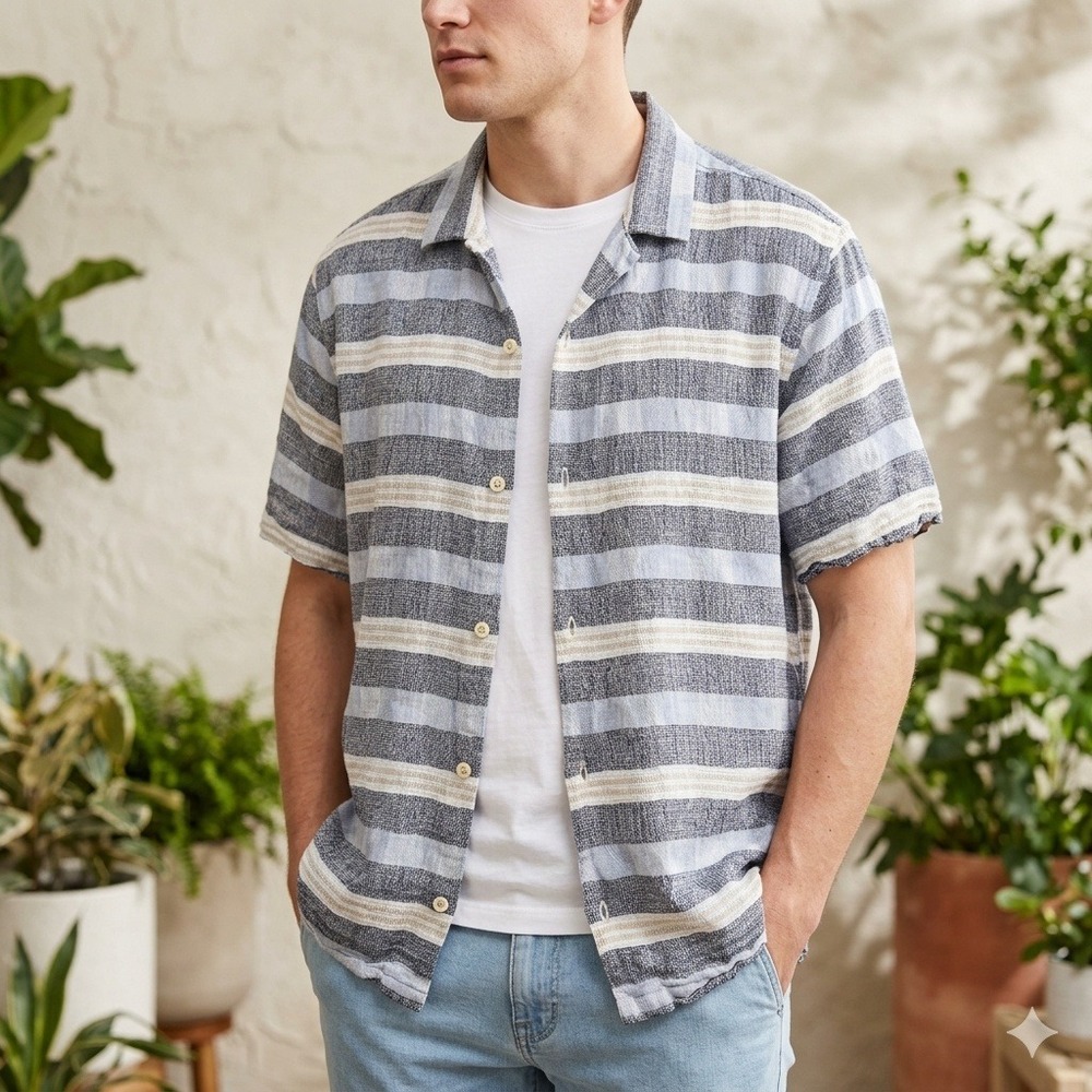 Folk Mens XL Linen Blend Striped Short Sleeve Button Up Shirt Lightweight Resort